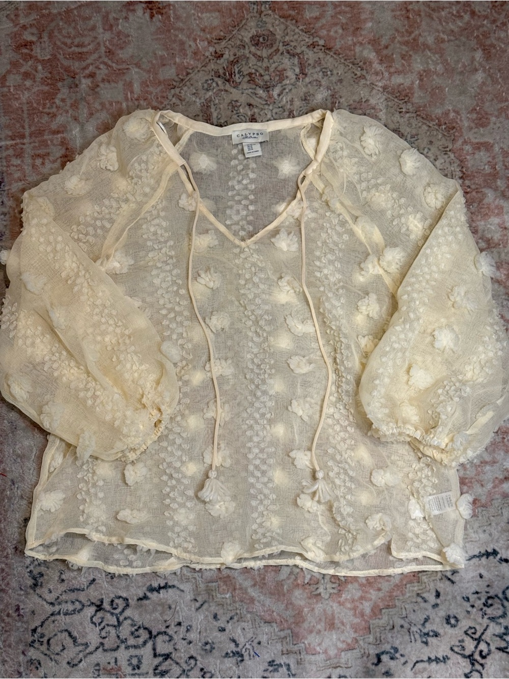 Calypso St. Barth Cream Pom-Pom Sheer V-Neck Blouse